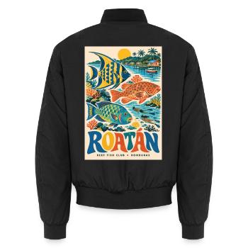 Entdecken Sie Roatán in Honduras: Retro-Karibik-Flucht - Unisex Bomberjacke - Schwarz - Hinten - AI Model Male 185 light (185cm)