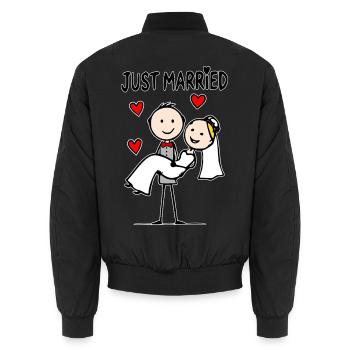 Wedding couple cartoon wearing just married - Unisex Bomber Jacket - black - Back - AI Model Male 185 light (185cm)