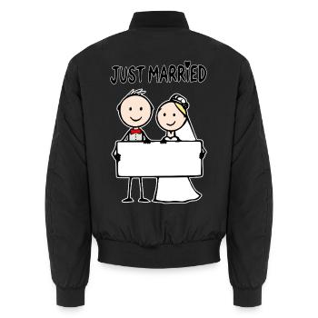 Wedding Couple Cartoon Sign Just Married - Unisex Bomber Jacket - black - Back - AI Model Male 185 light (185cm)