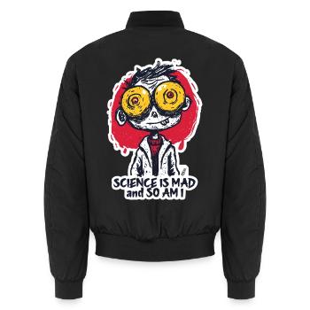Wide-Eyed Mad Scientist Sticker - Unisex Bomber Jacket - black - Back - AI Model Male 185 light (185cm)