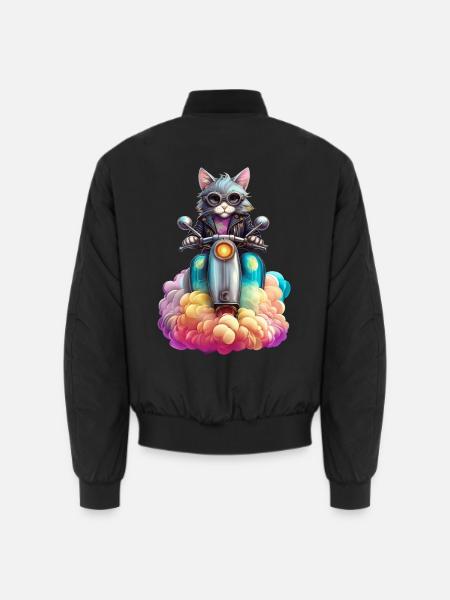 Süße Bikerkatze auf ihrem Oldtimer-Roller - Unisex Bomberjacke - Schwarz