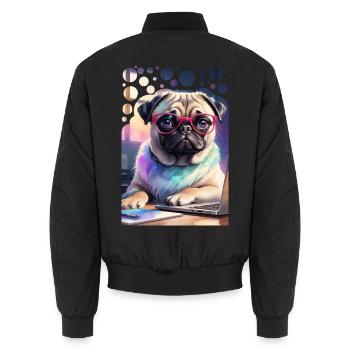 Office Dog Pug with Laptop and Pink Glasses Pop Art - Unisex Bomber Jacket - black - Back - AI Model Male 185 light (185cm)