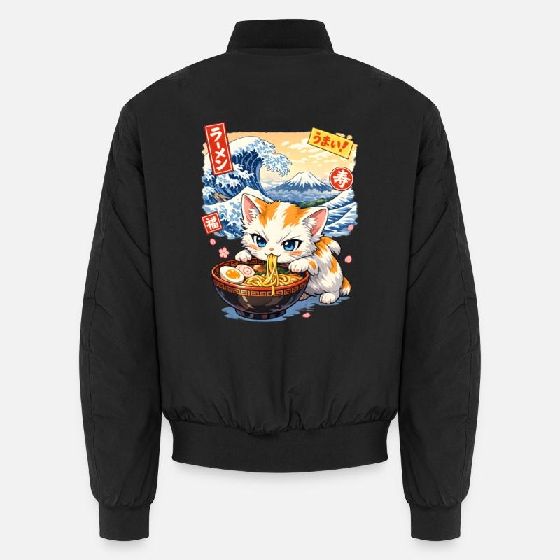 Kawaii Cat Ramen Samurai - Unisex Bomber Jacket - black