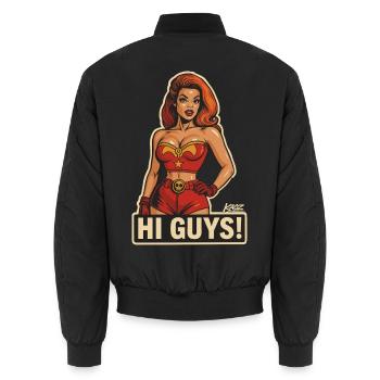 Hi Guys Retro Heroine  - Unisex Bomber Jacket - black - Back - AI Model Male 185 light (185cm)
