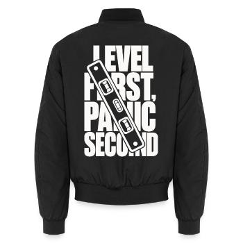 Wasserwaage – Level First, Panic Second - Unisex Bomberjacke - Schwarz - Hinten - AI Model Male 185 light (185cm)