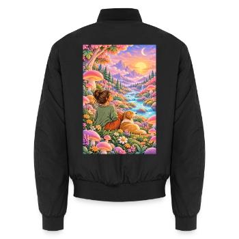 Frau und Hund im Zauberwald - Unisex Bomberjacke - Schwarz - Hinten - AI Model Male 185 light (185cm)