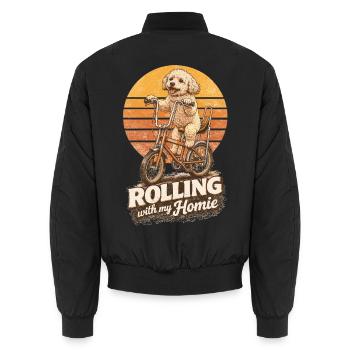Maltipoo auf Bonanza-Rad – Rolling mit Kumpel - Unisex Bomberjacke - Schwarz - Hinten - AI Model Male 185 light (185cm)