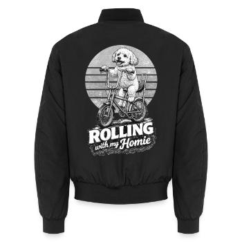 Maltipoo auf Bonanza-Rad – Rolling mit Kumpel - Unisex Bomberjacke - Schwarz - Hinten - AI Model Male 185 light (185cm)