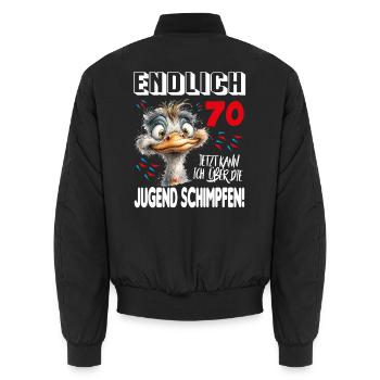 Endlich 70: Strauß Vogel Geburtstag Birthday - Unisex Bomberjacke - Schwarz - Hinten - AI Model Male 185 light (185cm)