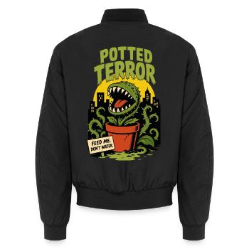 Potted Terror – Feed Me Don’t Water Pflanzenmonste - Unisex Bomberjacke - Schwarz - Hinten - AI Model Male 185 light (185cm)