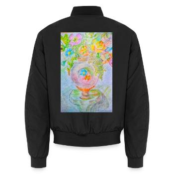 Runde Vase mit verschiedenen Blumen - Unisex Bomberjacke - Schwarz - Hinten - AI Model Male 185 light (185cm)