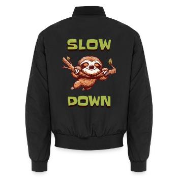 Faultier Shirt – Slow Down - Unisex Bomberjacke - Schwarz - Hinten - AI Model Male 185 light (185cm)