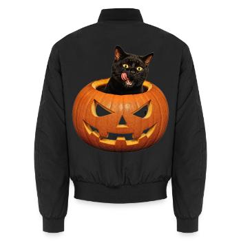 Halloween Cat with Pumpkin Retro Scary Motif - Unisex Bomber Jacket - black - Back - AI Model Male 185 light (185cm)