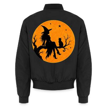 Halloween Hexe mit Katze im Vollmond T-Shirt Motiv - Unisex Bomberjacke - Schwarz - Hinten - AI Model Male 185 light (185cm)