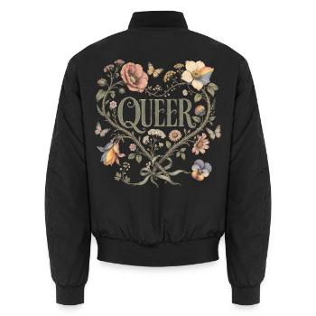Queer Floral Heart T-Shirt LGBTQ Pride Vintage - Unisex Bomber Jacket - black - Back - AI Model Male 185 light (185cm)