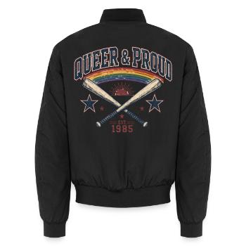 T-shirt Queer & Proud Baseball Vintage Pride Rétro - Bomber unisexe - noir - Dos - AI Model Male 185 light (185cm)