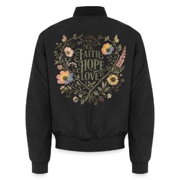Sweat à capuche botanique Love Faith Hope Love Botanical Heart Vintage - Bomber unisexe - noir - Dos - AI Model Male 185 light (185cm)