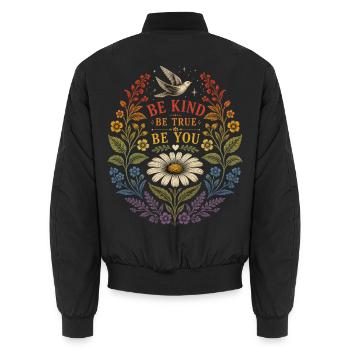 Be Kind Be True Be You T-Shirt Vintage Blumen - Unisex Bomberjacke - Schwarz - Hinten - AI Model Male 185 light (185cm)