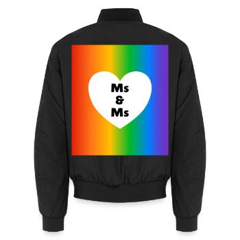 Frau & Frau Pride Heart on Rainbow – lesbische Hochzeit - Unisex Bomberjacke - Schwarz - Hinten - AI Model Male 185 light (185cm)
