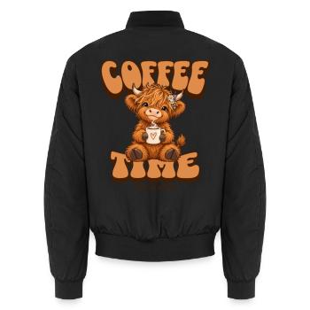 Süßes Hochlandrind Kaffee T-Shirt – Coffee Time - Unisex Bomberjacke - Schwarz - Hinten - AI Model Male 185 light (185cm)