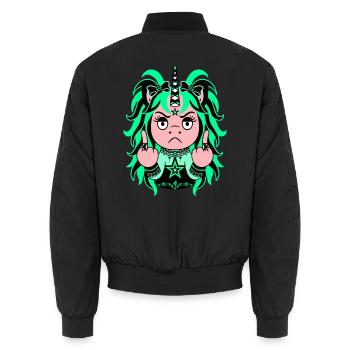 Teal With It: Mintgrünes EinZORN mit Mittelfinger - Unisex Bomberjacke - Schwarz - Hinten - AI Model Male 185 light (185cm)