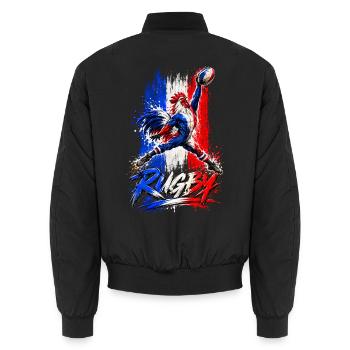 Heller dreikoloriger Rugby-Hahn - Unisex Bomberjacke - Schwarz - Hinten - AI Model Male 185 light (185cm)