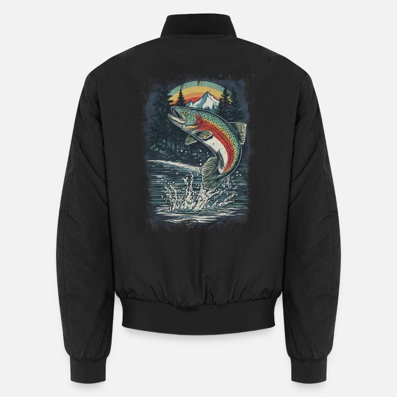 Springende Regenbogenforelle – Retro Anglermotiv Unisex Bomberjacke