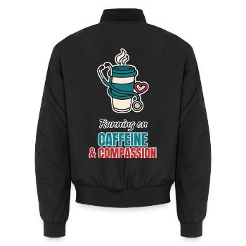 Caffeine and Compassion – Pflege mit Kaffee - Unisex Bomberjacke - Schwarz - Hinten - AI Model Male 185 light (185cm)