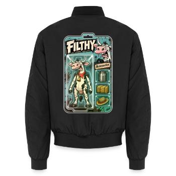 Schmutzige Kuh-Actionspielzeugverpackung - Unisex Bomberjacke - Schwarz - Hinten - AI Model Male 185 light (185cm)