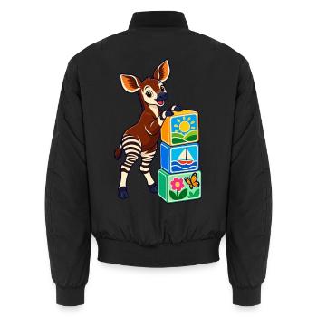 Fröhliches Okapi mit bunten Bilderwürfeln - Unisex Bomberjacke - Schwarz - Hinten - AI Model Male 185 light (185cm)