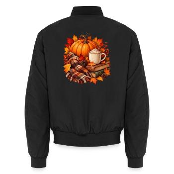 Herbstliche gemütliche Kürbis-Latte-Szene - Unisex Bomberjacke - Schwarz - Hinten - AI Model Male 185 light (185cm)