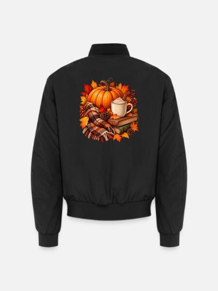 Herbstliche gemütliche Kürbis-Latte-Szene - Unisex Bomberjacke - Schwarz