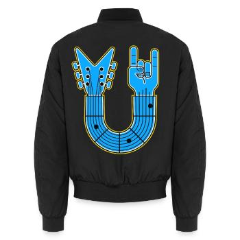 Blue U-Shape Guitar with Rock Hand - Unisex Bomber Jacket - black - Back - AI Model Male 185 light (185cm)