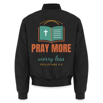 Pray More Worry Less – Philippians 4:6 - Unisex Bomberjacke - Schwarz - Hinten - AI Model Male 185 light (185cm)