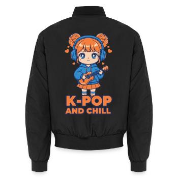 K-POP AND CHILL Cute Korean Kpop Music Anime Girl - Unisex Bomber Jacket - black - Back - AI Model Male 185 light (185cm)