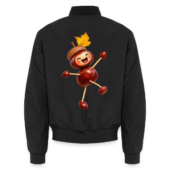 Fröhliche Kastanienfigur mit Eichelhut  - Unisex Bomberjacke - Schwarz - Hinten - AI Model Male 185 light (185cm)