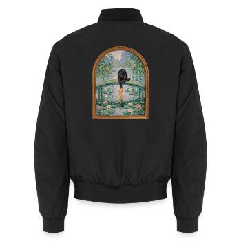 Schwarzer Kater angelt Koi im Seerosenteich - Unisex Bomberjacke - Schwarz - Hinten - AI Model Male 185 light (185cm)