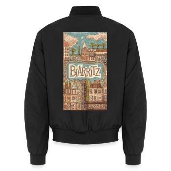 Biarritz bord de mer Rétro Illustration France Ville - Bomber unisexe - noir - Dos - AI Model Male 185 light (185cm)
