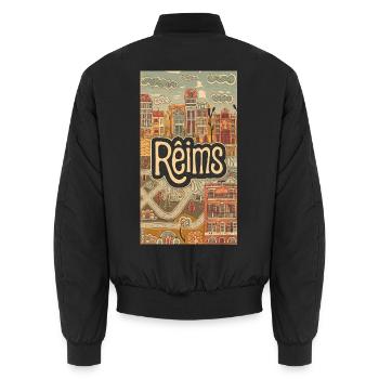 Reims Cityscape Retro Illustration - Unisex Bomber Jacket - black - Back - AI Model Male 185 light (185cm)