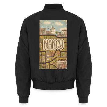 Paysage urbain de Nancy Rétro Carte Typographie - Bomber unisexe - noir - Dos - AI Model Male 185 light (185cm)