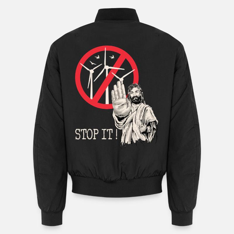 Jesus sagt Stopp zu Windkraft Unisex Bomberjacke