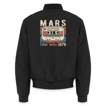 Birthday 1979 March 1979 born in March 1979 - Unisex Bomber Jacket - black - Back - AI Model Male 185 light (185cm)