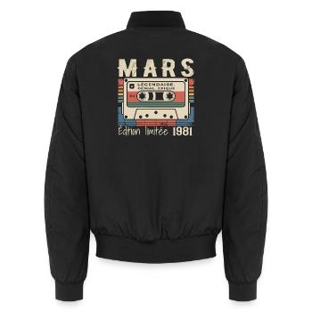 Anniversaire 1981 Mars 1981 né en Mars 1981 - Bomber unisexe - noir - Dos - AI Model Male 185 light (185cm)