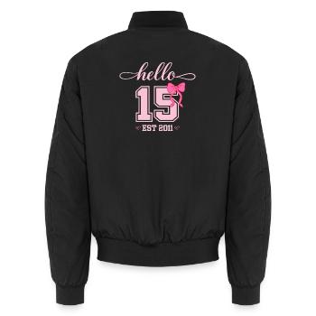 Hello 15 Est 2011 Girl Birthday Design - Unisex Bomber Jacket - black - Back - AI Model Male 185 light (185cm)