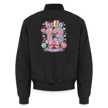 Hallo, 13 Jahre alte goldene und rosa Schleife | Teenager-Geburtstag - Unisex Bomberjacke - Schwarz - Hinten - AI Model Male 185 light (185cm)