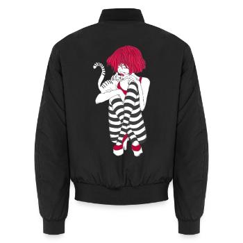 Mädchen, rote Haare im Streifen-Look mit Katze - Unisex Bomberjacke - Schwarz - Hinten - AI Model Male 185 light (185cm)