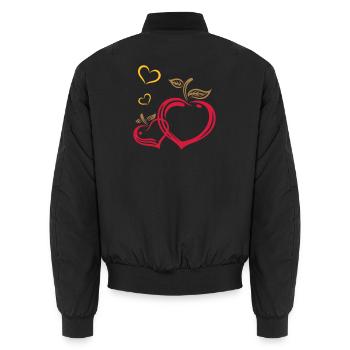 Two apples in heart shape, autumn, fruits, love. - Unisex Bomber Jacket - black - Back - AI Model Male 185 light (185cm)