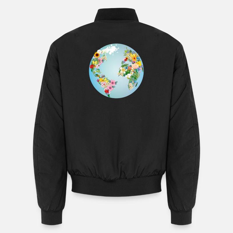 hellblaue Weltkugel mit Kontinente aus Blumen Unisex Bomberjacke