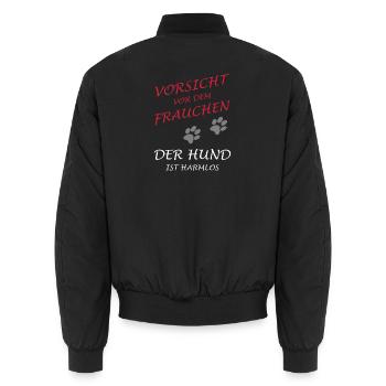 Vorsicht vor dem Frauchen, der Hund ist harmlos - Unisex Bomberjacke - Schwarz - Hinten - AI Model Male 185 light (185cm)