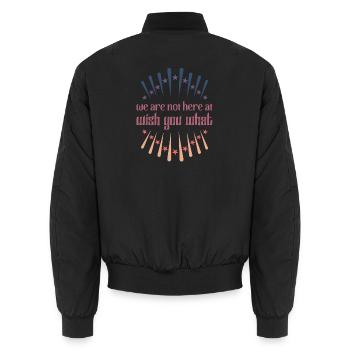 We are not here at wish you what Denglisch Retro - Unisex Bomberjacke - Schwarz - Hinten - AI Model Male 185 light (185cm)